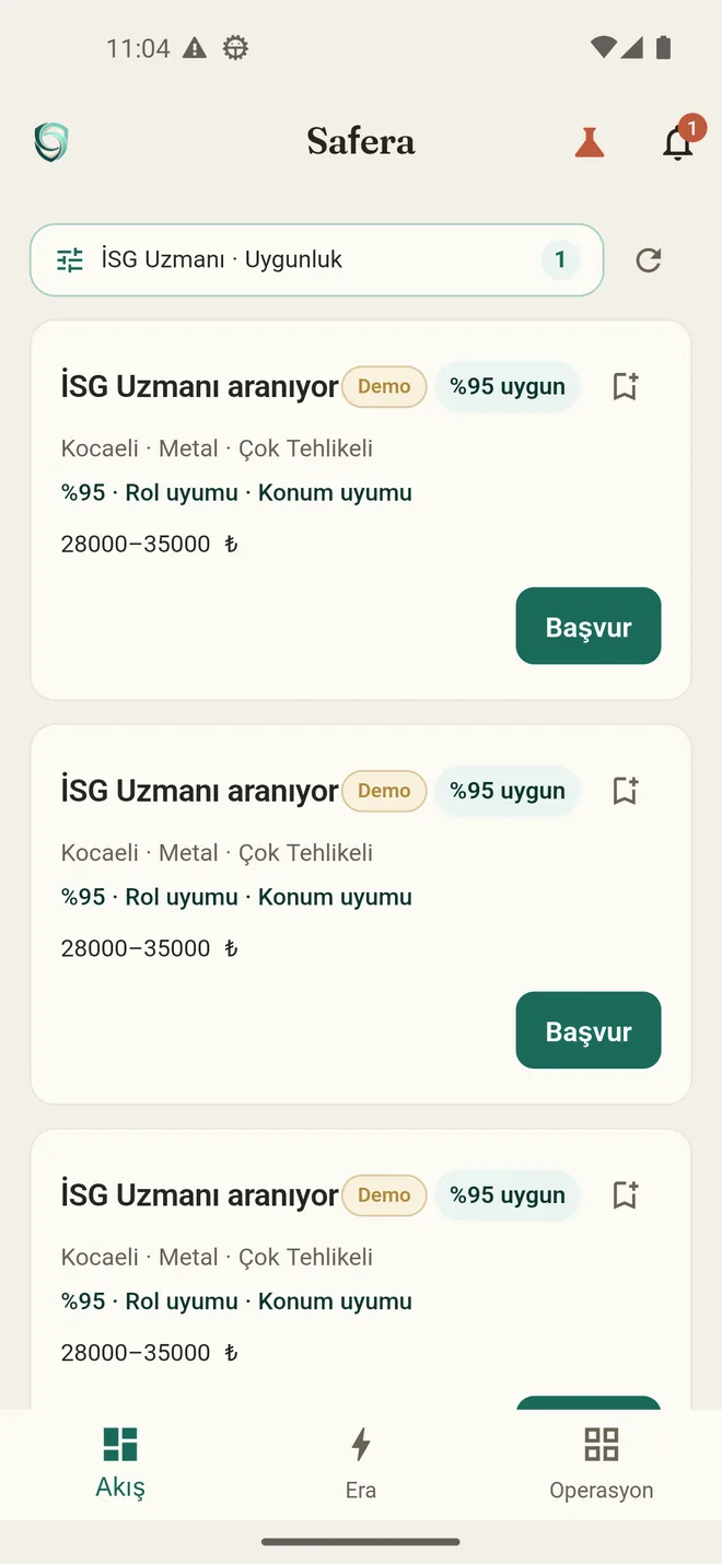 Akış: % uyum skorlu iş ilanları